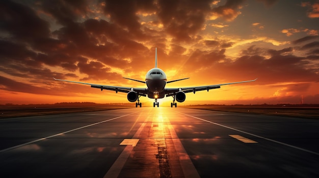 A large airplane flying over a runway into sunrise with sun shining Travel