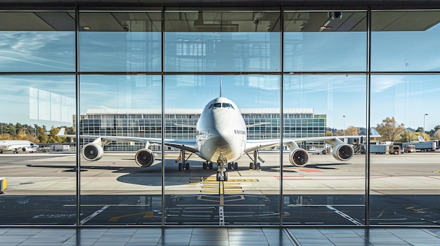 A large airplane is parked at an airport with a view of the tarmac