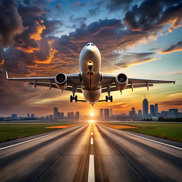 A large airplane is taking off from a runway