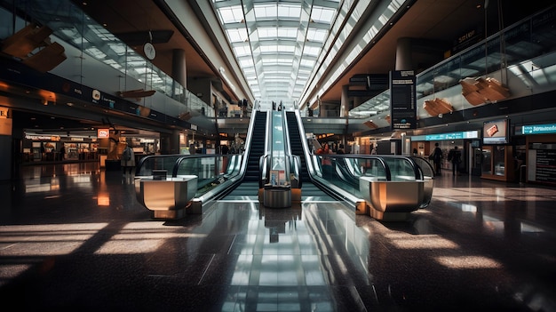 A large airport with escalators