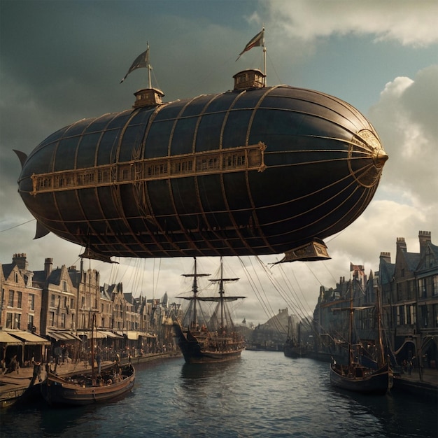 Photo a large airship is flying over a body of water