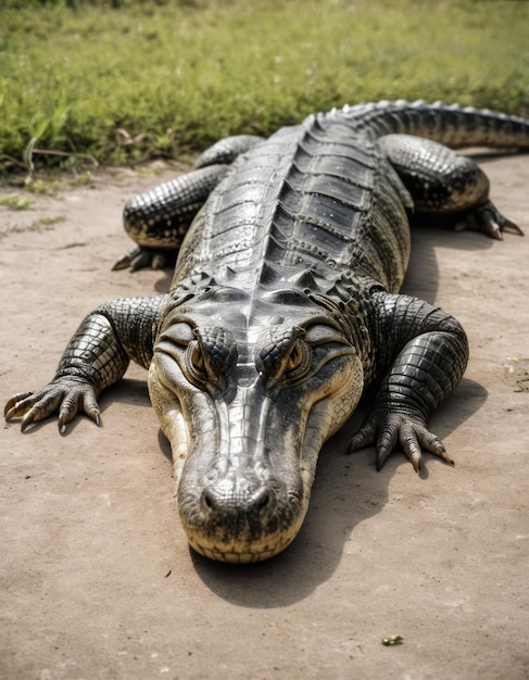 Photo a large alligator laying on the ground with the word alligator on it