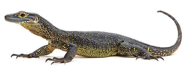 Photo a large alligator with yellow dots on its head is laying on a white background