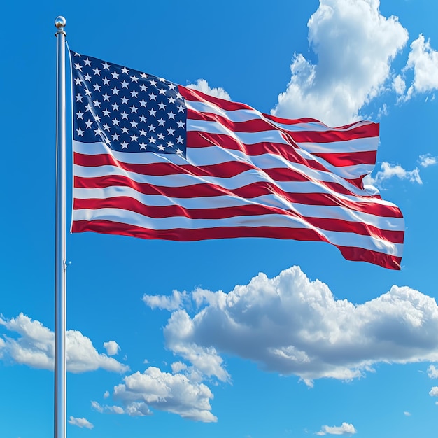 Photo large american flag fluttering in the breeze with a vivid blue sky and dramatic clouds in