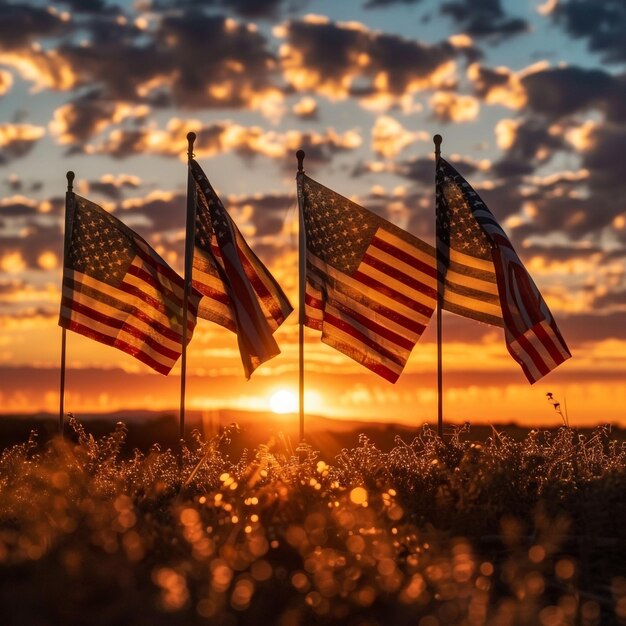 a large american flag is standing in a field with a blue sky and clouds