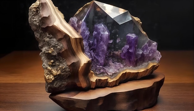 A large amethyst sits on a wooden base.