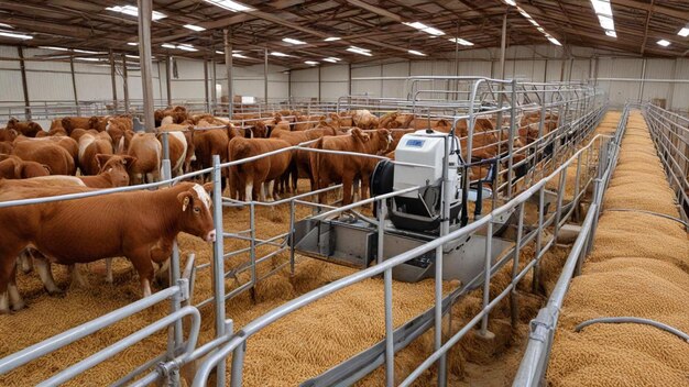 Photo a large amount of cattle are in a barn with one being herded