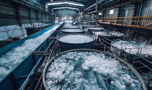 a large amount of ice in a large industrial warehouse