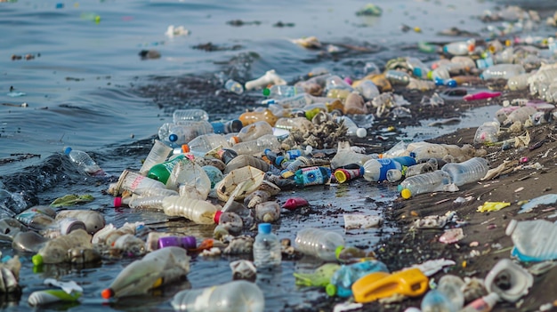 a large amount of plastic bottles are on the beach