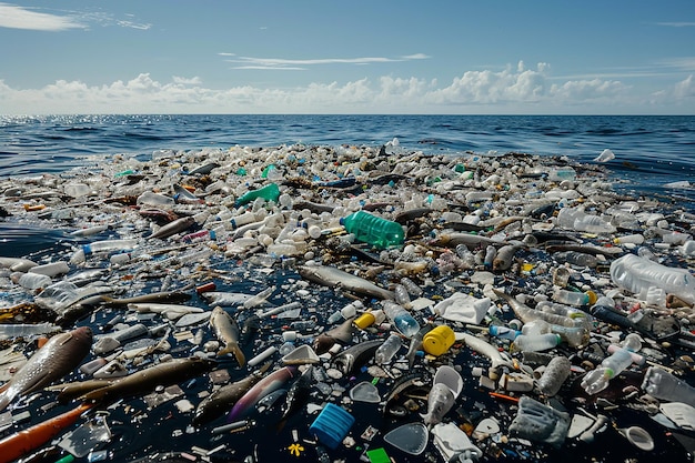 a large amount of plastic in the ocean with a sign that says no on it