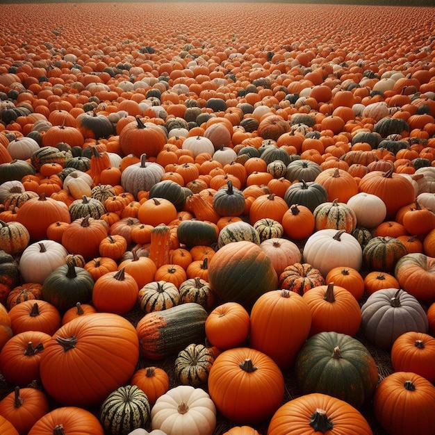 a large amount of pumpkins are on display in a field