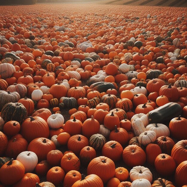 a large amount of pumpkins are on a field