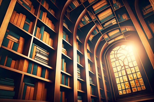 Large antique library concept with high bookshelves created with generative ai