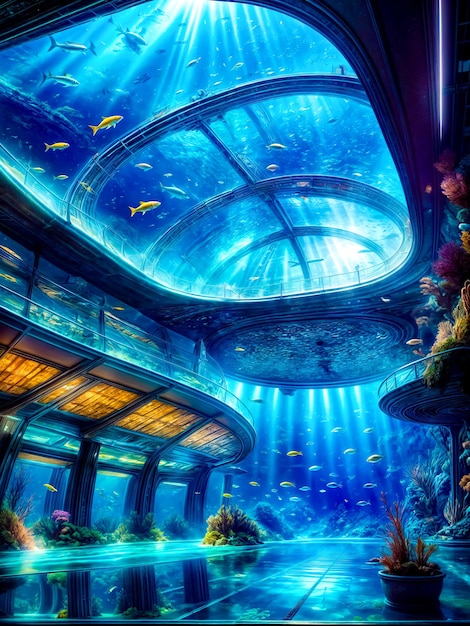 Large aquarium filled with lots of fish under sky filled with clouds