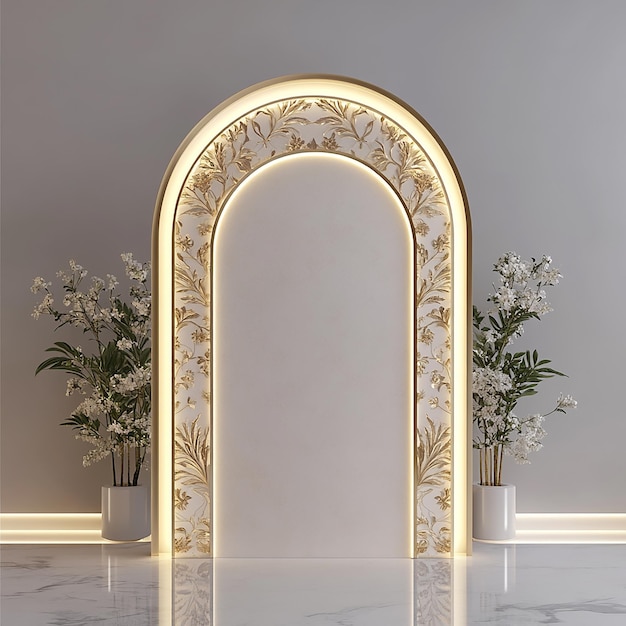 Photo a large arch with a gold frame and flowers on the top