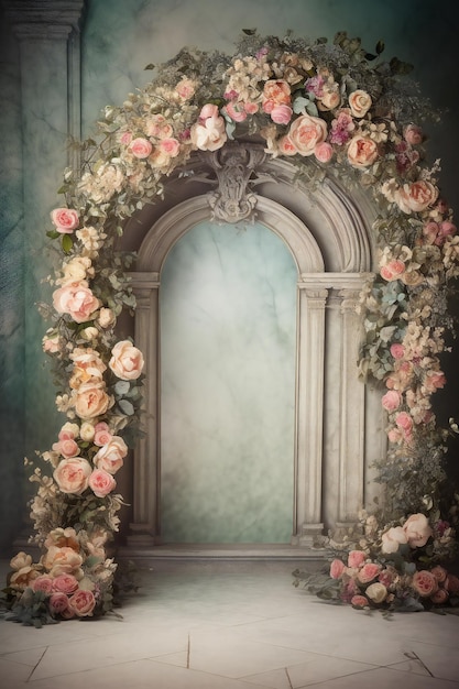 A large arch with pink and white flowers on it