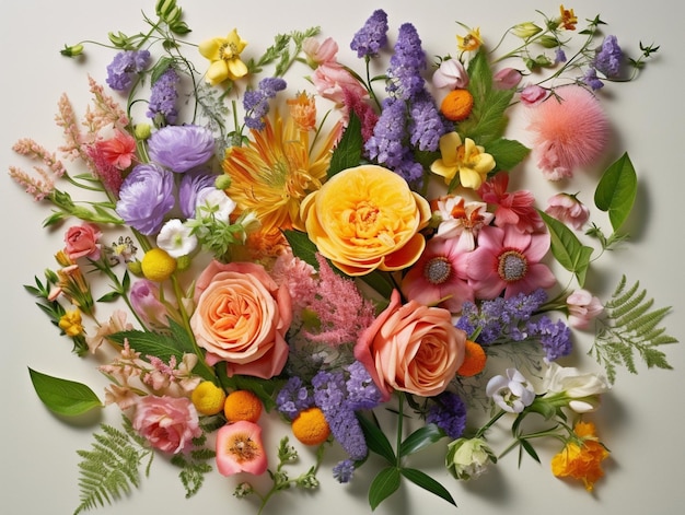 A large arrangement of flowers is displayed on a white background.