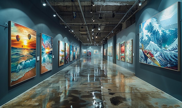 a large art gallery has paintings on the walls