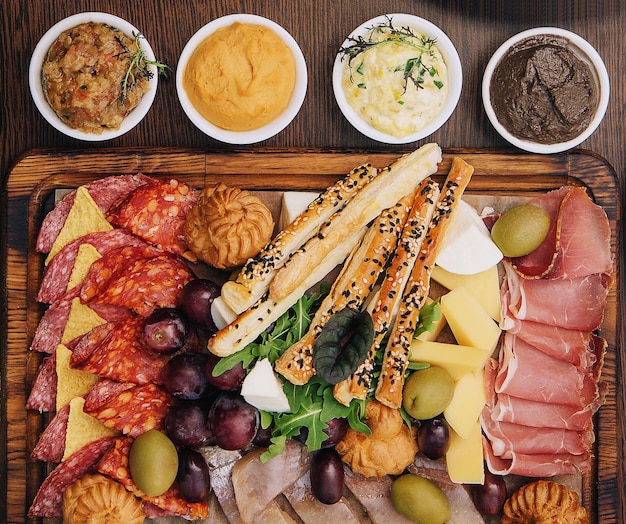 Large assortment italian antipasti top view