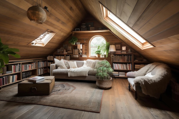 Large attic room with cozy reading nook and plush armchair