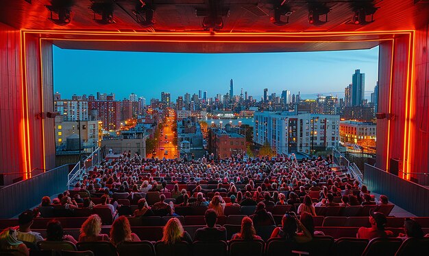 a large audience is watching a movie with a large audience in the background