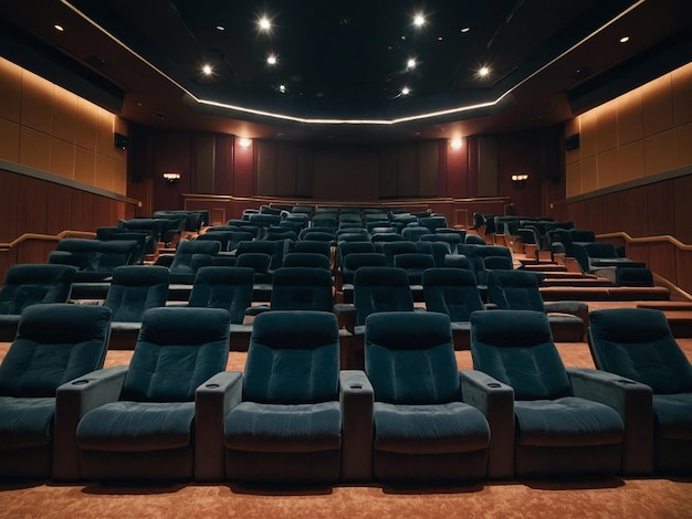 a large auditorium with chairs and a large screen with a sign that says  the name of the company