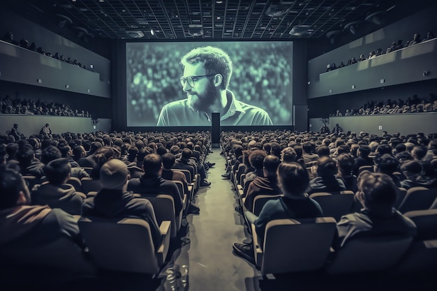 A large auditorium with a large screen that says'the movie is about a man '