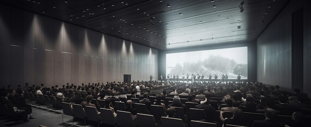 A large auditorium with people sitting in front of a large screen that says'the word " on it.