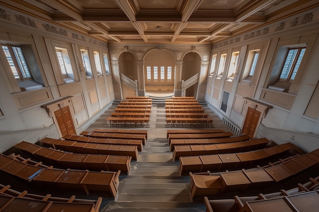 a large auditorium with rows of seats and a large window