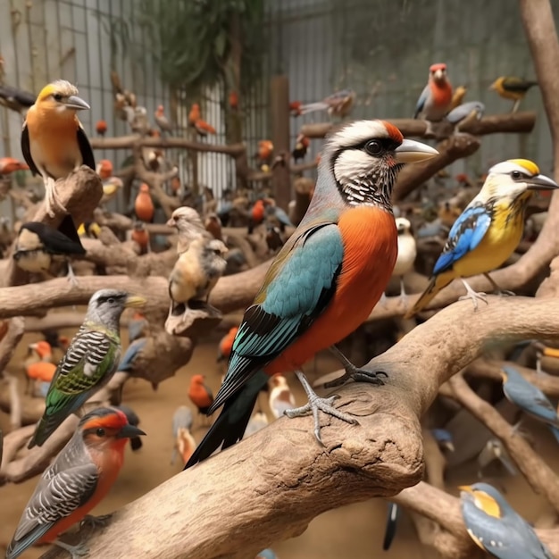 a large aviary with many birds kingfisher sparrows