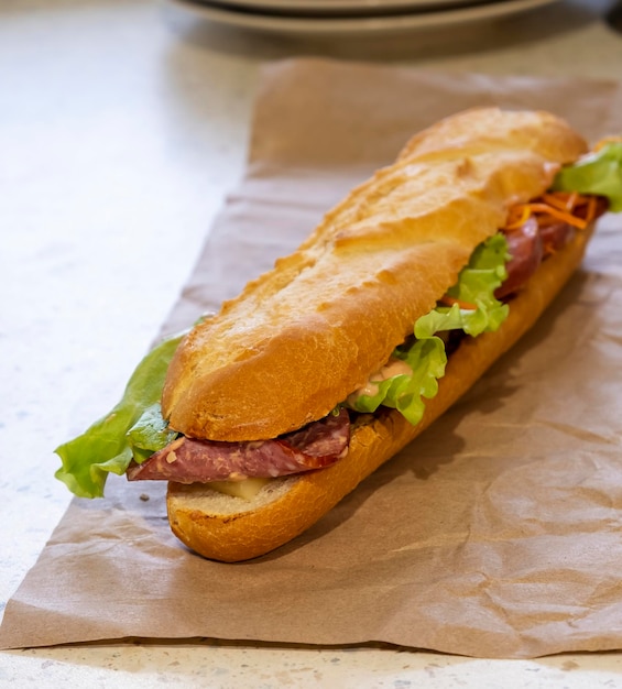 Large baguette sandwich with salami lettuce cheese and sauce Selective focus