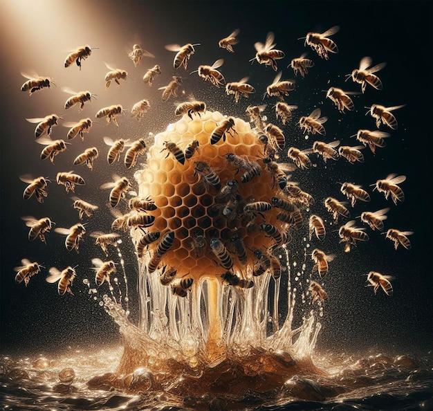 a large ball of bees is surrounded by a large ball of honeycomb