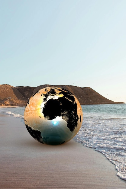 A large ball sits on the beach with the ocean in the background