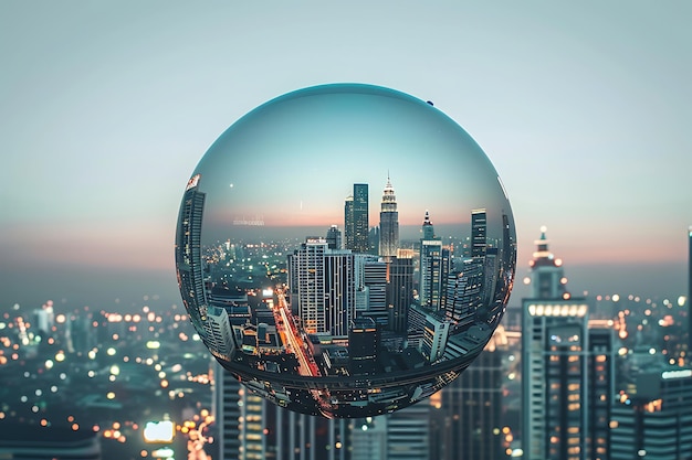 a large ball with a city in the background