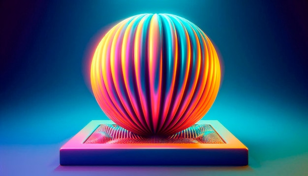 a large ball with colored lines on it is on a pedestal