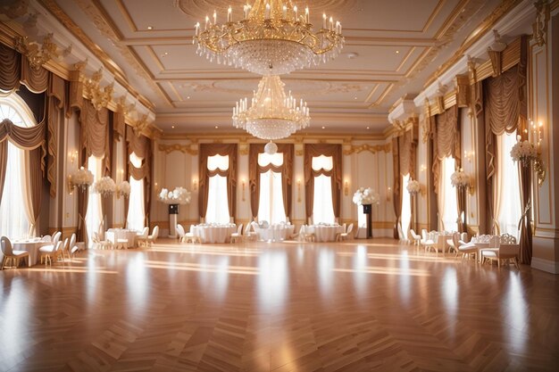 Photo a large ballroom with a chandelier hanging from the ceiling