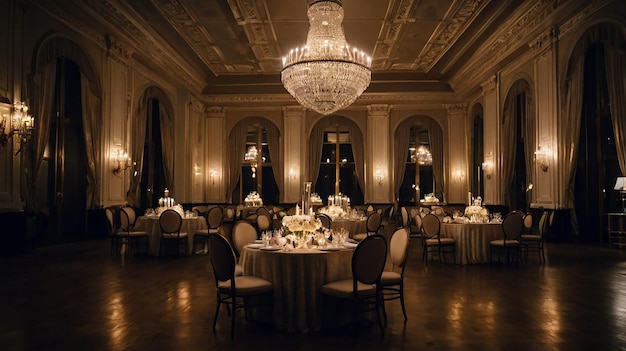 a large ballroom with a chandelier that says  the name of the company