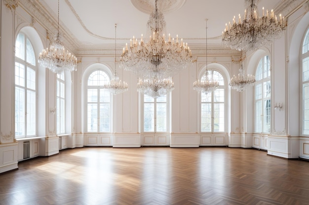 A large ballroom with chandeliers and a large chandelier