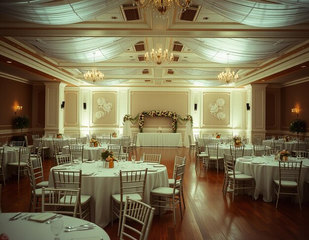 Photo a large ballroom with tables and chairs with a chandelier above it