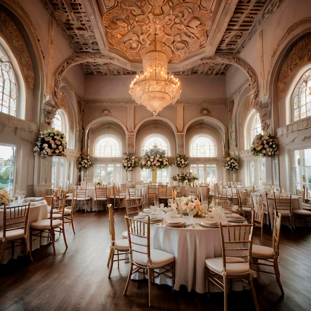 a large ballroom with tables and chairs with flowers on the tables