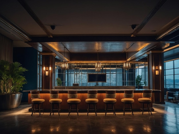 a large bar with chairs and a tv on the wall