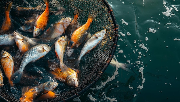 Photo a large basket of fish is full of fish