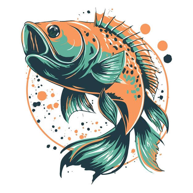 large bass fish retro graphics orange turquoise