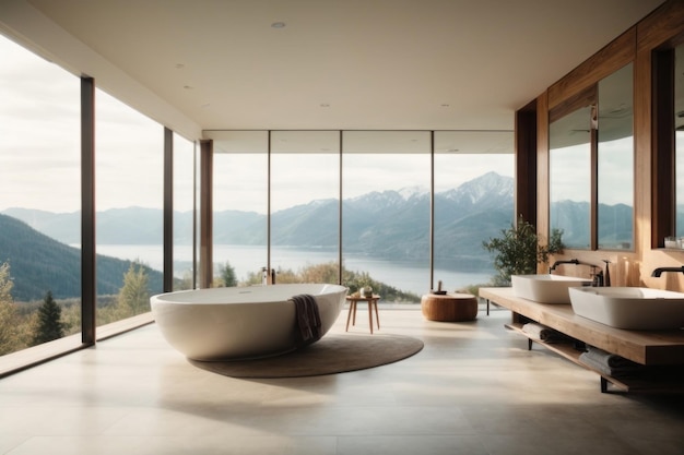 A large bathroom with bathtubs large panoramic windows and a beautiful view of the mountains Modern interior design hotel leisure