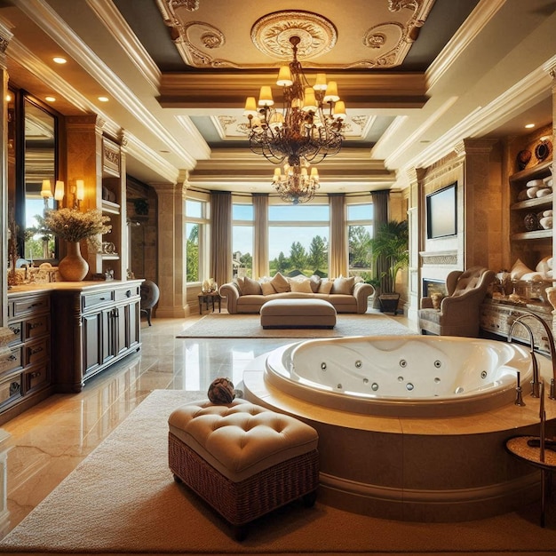 a large bathroom with a large tub and a large tub with a large window