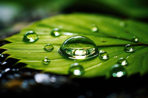 Large beautiful drops of transparent rain water on a green leaf macro AI Generated