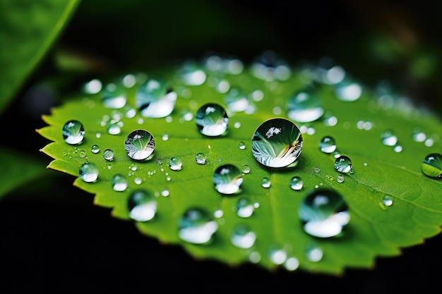 Large beautiful drops of transparent rain water on a green leaf macro AI Generated