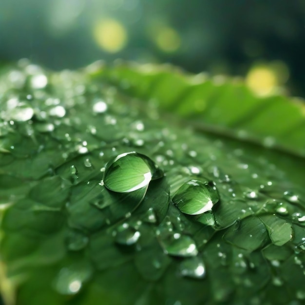 Large beautiful drops of transparent rain water on a green leaf macro Drops of dew in the morning