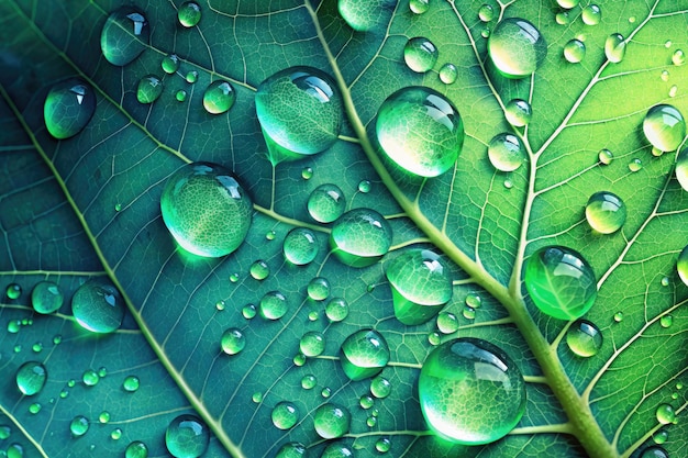 Large beautiful drops of transparent rain water on a green leaf macro