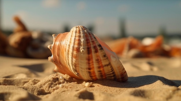 A large beautiful exotic seashell lies on the sand on an exotic beach Generative AI